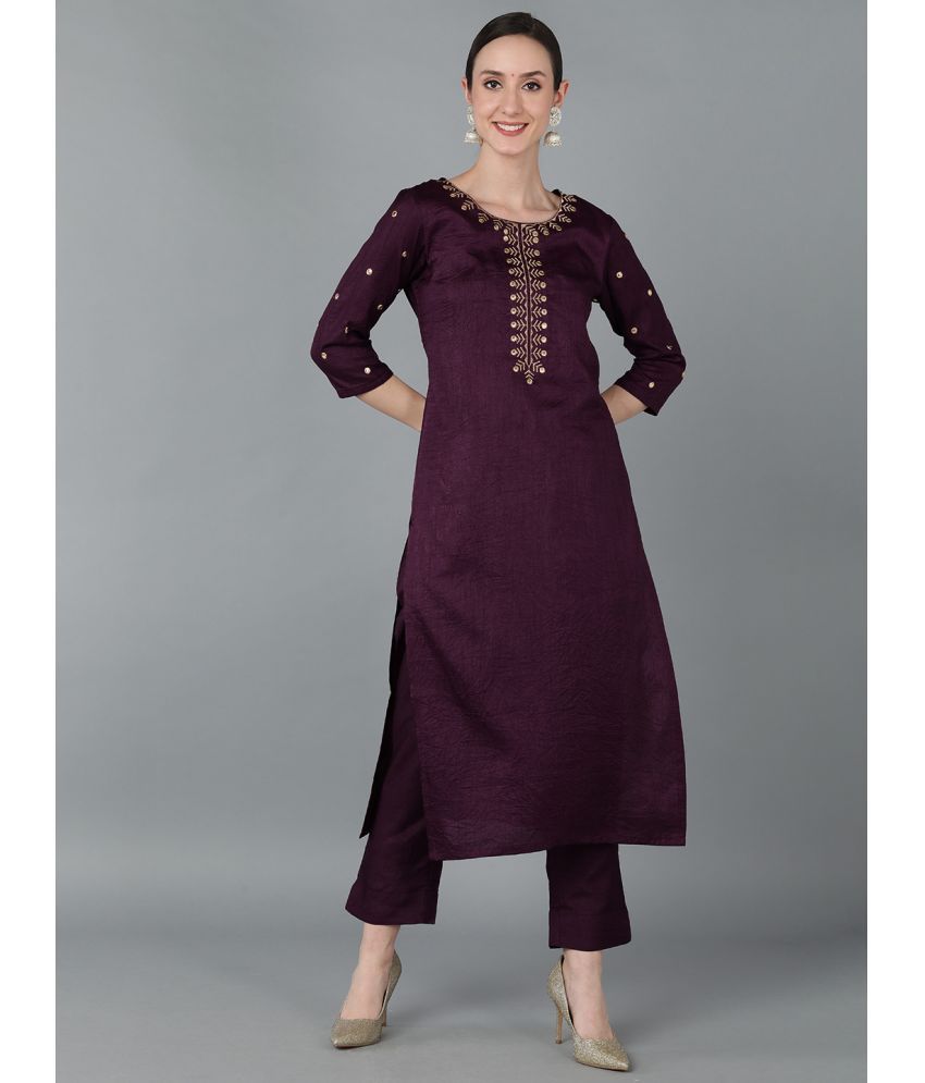     			Vaamsi Silk Blend Embroidered Straight Women's Kurti - Purple ( Pack of 1 )