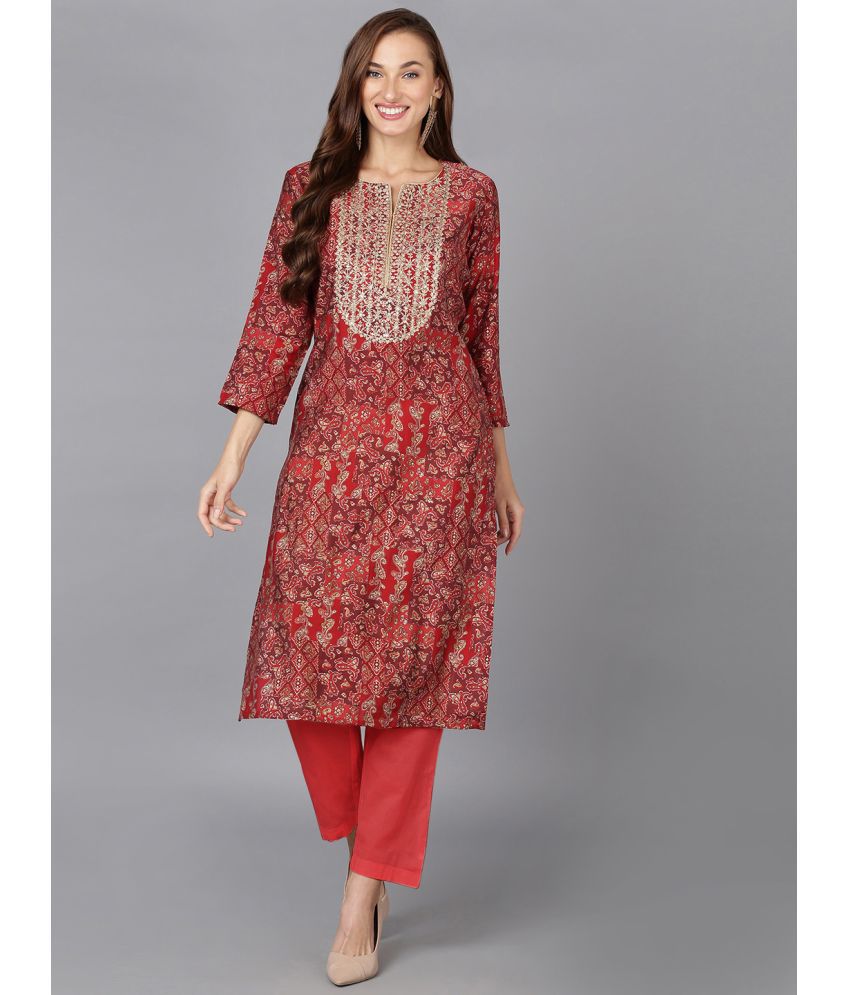     			Vaamsi Silk Blend Embroidered Straight Women's Kurti - Red ( Pack of 1 )