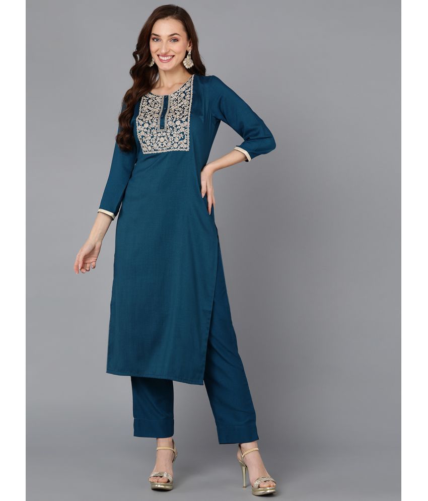     			Vaamsi Silk Blend Embroidered Straight Women's Kurti - Teal ( Pack of 1 )