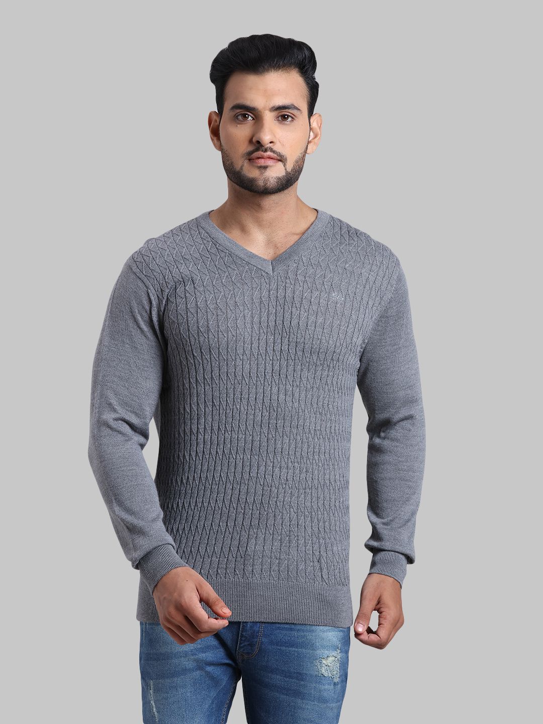     			Colorplus Acrylic V-Neck Men's Full Sleeves Pullover Sweater - Grey ( Pack of 1 )