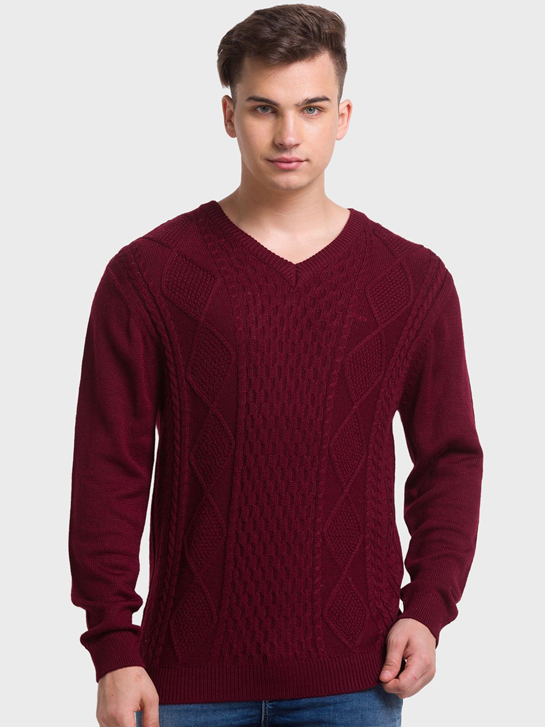     			Colorplus Acrylic V-Neck Men's Full Sleeves Pullover Sweater - Red ( Pack of 1 )