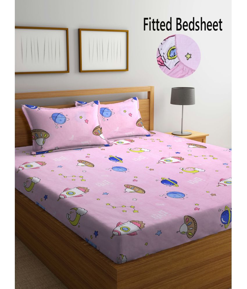     			FABINALIV Poly Cotton Animal Fitted Fitted bedsheet with 2 Pillow Covers ( Double Bed ) - Pink