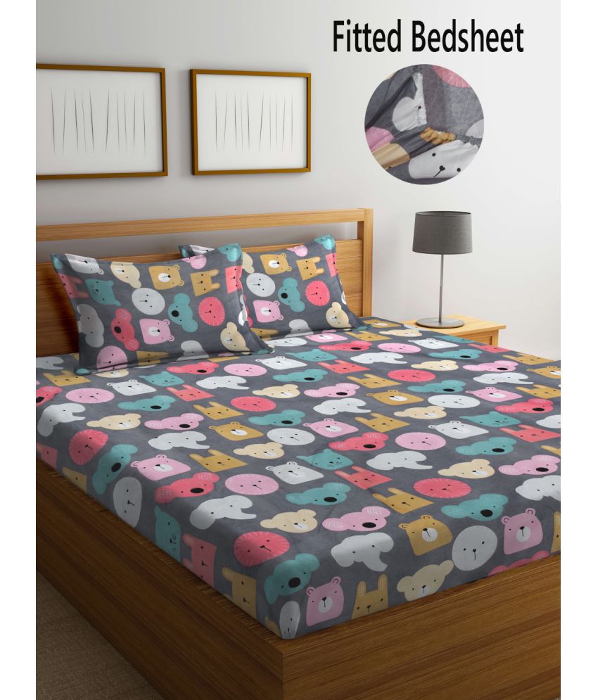     			FABINALIV Poly Cotton Animal Fitted Fitted bedsheet with 2 Pillow Covers ( Double Bed ) - Dark Grey