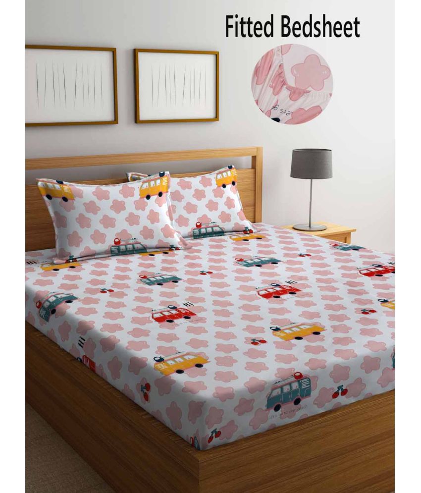     			FABINALIV Poly Cotton Animal Fitted Fitted bedsheet with 2 Pillow Covers ( Double Bed ) - Pink