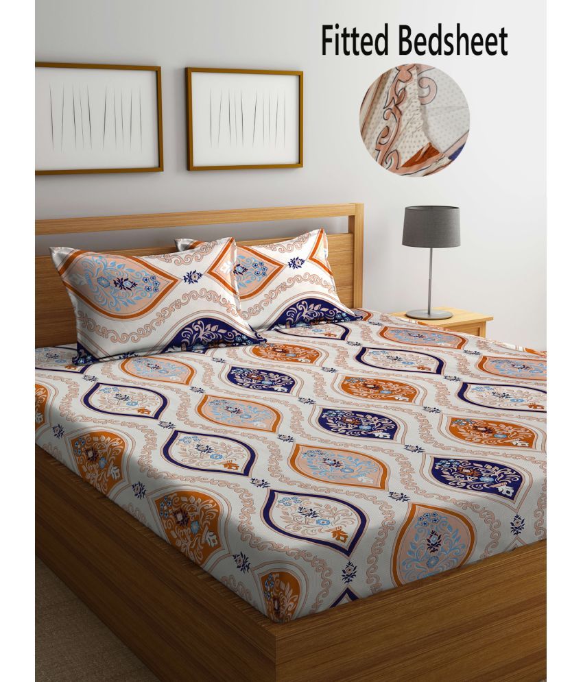     			FABINALIV Poly Cotton Ethnic Fitted Fitted bedsheet with 2 Pillow Covers ( Double Bed ) - Cream