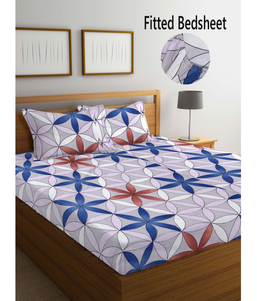     			FABINALIV Poly Cotton Geometric Fitted Fitted bedsheet with 2 Pillow Covers ( Double Bed ) - Blue