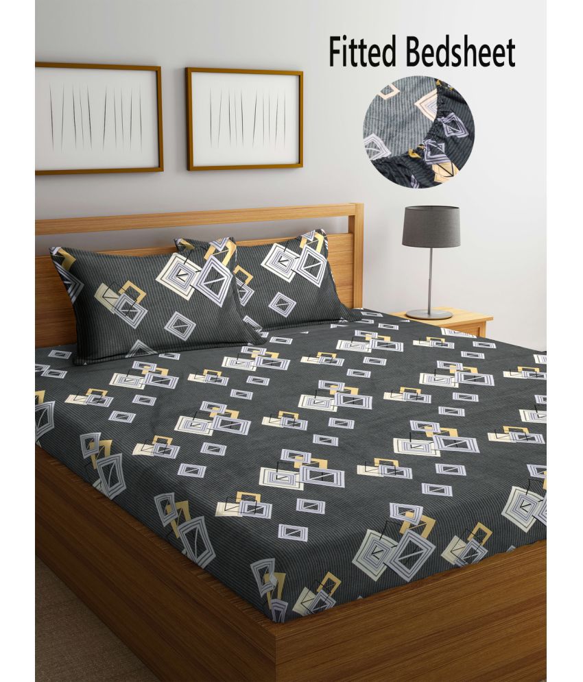     			FABINALIV Poly Cotton Geometric Fitted Fitted bedsheet with 2 Pillow Covers ( Double Bed ) - Gray