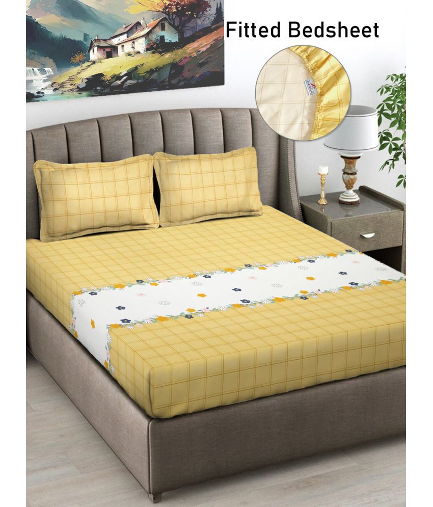     			FABINALIV Poly Cotton Geometric Fitted Fitted bedsheet with 2 Pillow Covers ( Double Bed ) - Yellow