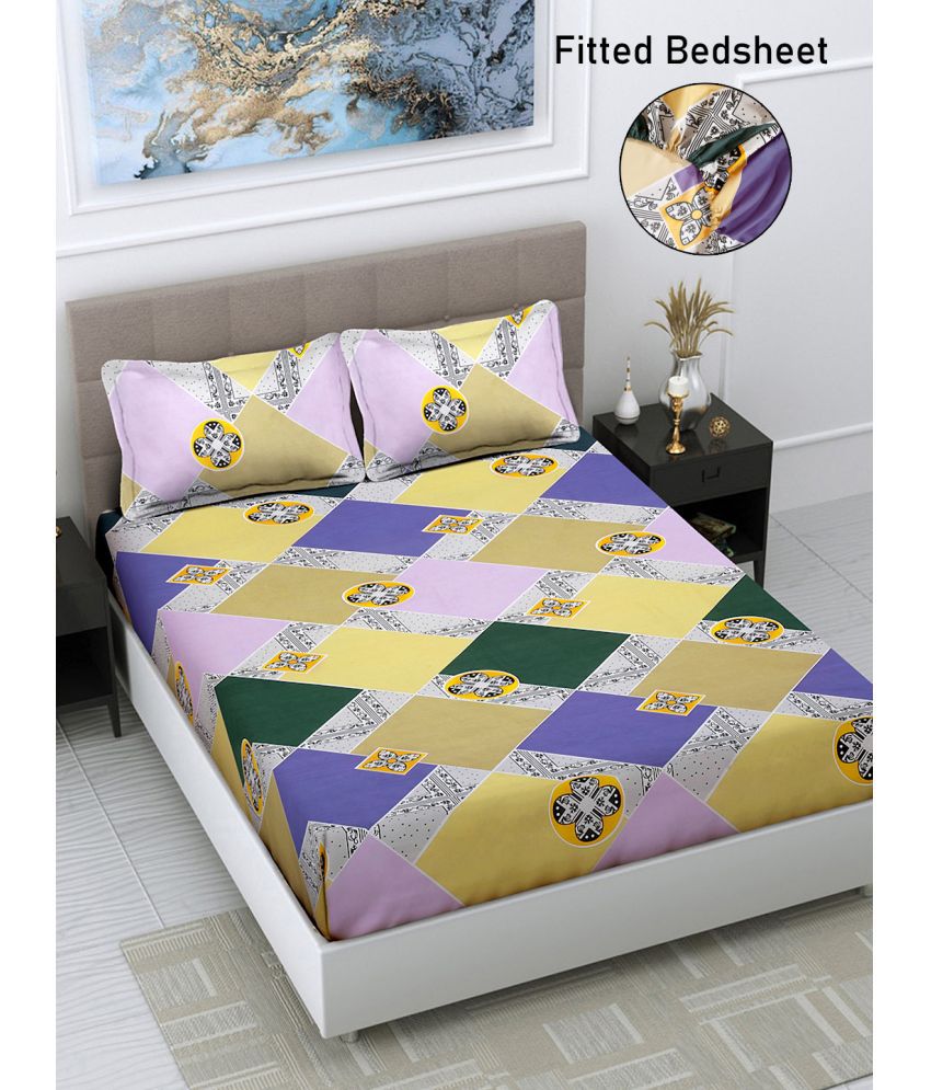     			FABINALIV Poly Cotton Geometric Fitted Fitted bedsheet with 2 Pillow Covers ( Double Bed ) - Yellow