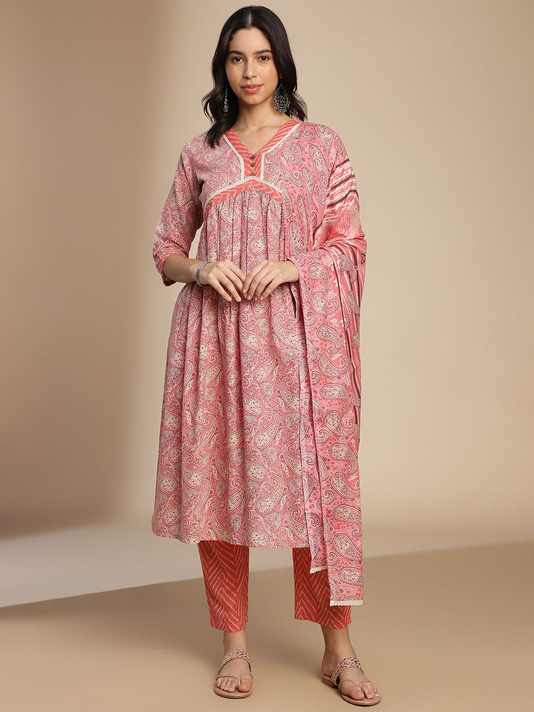     			Hritika Cotton Blend Printed Kurti With Pants Women's Stitched Salwar Suit - Pink ( Pack of 1 )