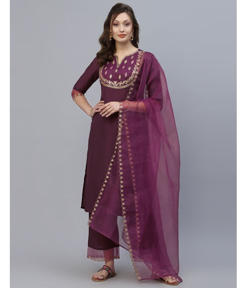     			Skylee Chiffon Embroidered Kurti With Pants Women's Stitched Salwar Suit - Wine ( Pack of 1 )