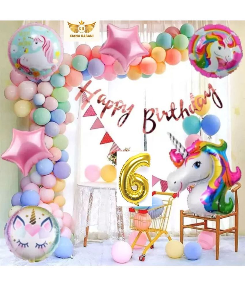     			KR 6TH HAPPY BIRTHDAY PARTY DECORATION WITH HAPPY BIRTHDAY BANNER ( 13 ), 30 MULTI COLOUR PASTEL BALLOON, 1 ARCH , 1 UNICORN, 2 PINK STAR, 2 ROUND SHAPE BALLOON, 6 NO. GOLD FOIL BALLOON