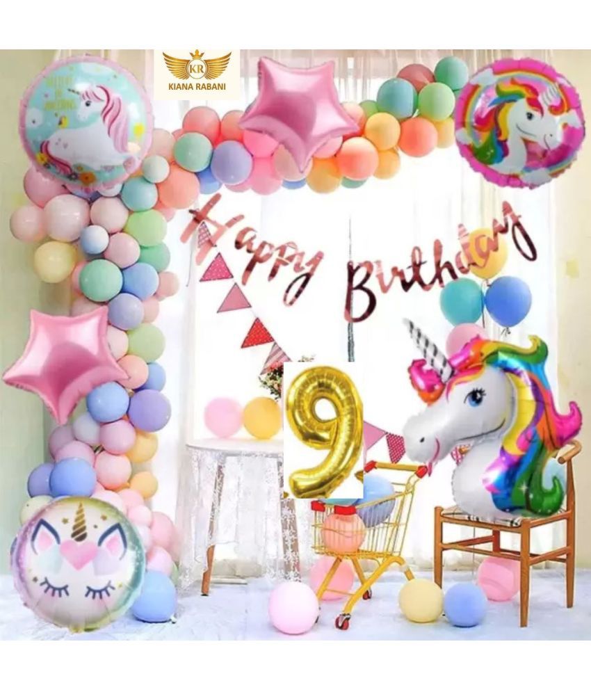     			KR 9TH HAPPY BIRTHDAY PARTY DECORATION WITH HAPPY BIRTHDAY BANNER ( 13 ), 30 MULTI COLOUR PASTEL BALLOON, 1 ARCH , 1 UNICORN, 2 PINK STAR, 2 ROUND SHAPE BALLOON, 9 NO. GOLD FOIL BALLOON