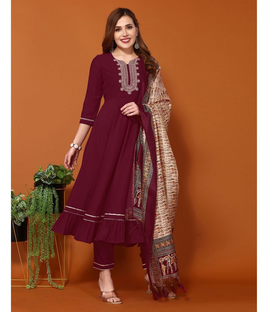     			Skylee Chiffon Solid Kurti With Pants Women's Stitched Salwar Suit - Maroon ( Pack of 1 )