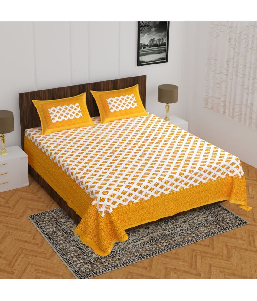     			CLOTHOLOGY Cotton Abstract 1 Double Bedsheet with 2 Pillow Covers - Yellow