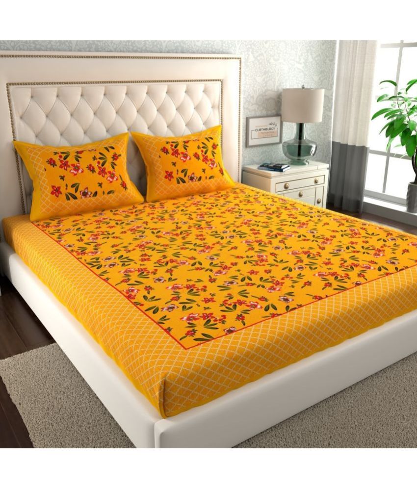     			CLOTHOLOGY Cotton Floral 1 Double Bedsheet with 2 Pillow Covers - Yellow