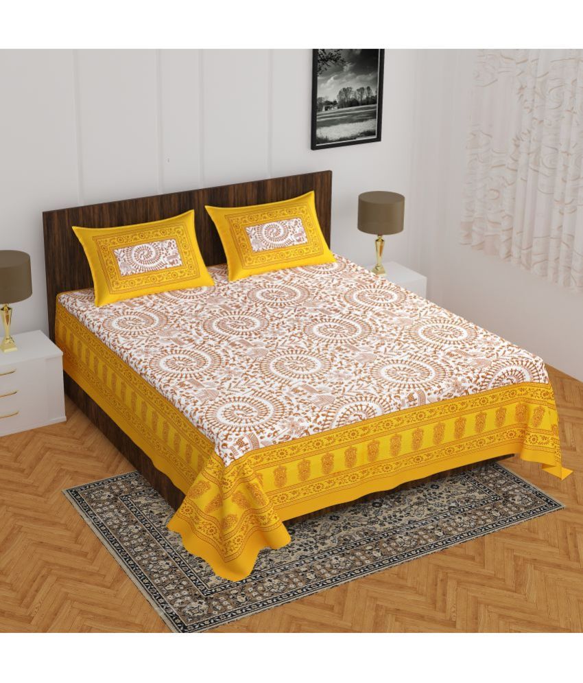     			CLOTHOLOGY Cotton Tribal 1 Double Bedsheet with 2 Pillow Covers - Yellow