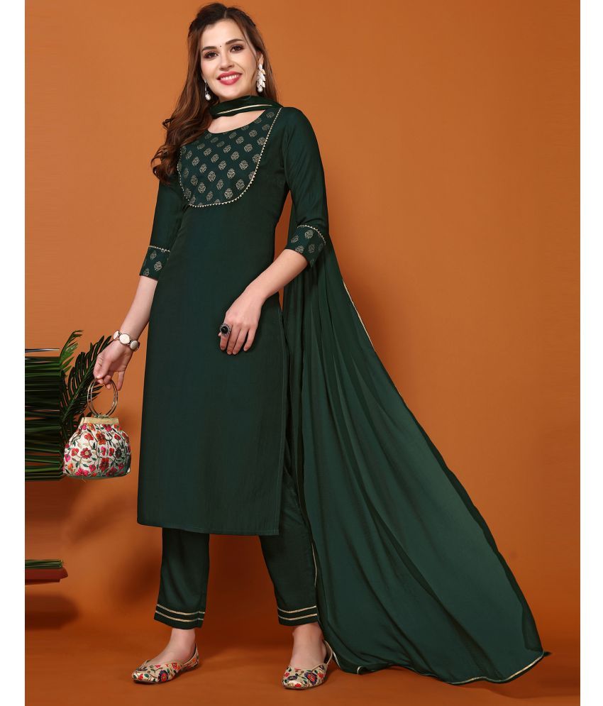     			Skylee Chiffon Printed Kurti With Pants Women's Stitched Salwar Suit - Dark Green ( Pack of 1 )