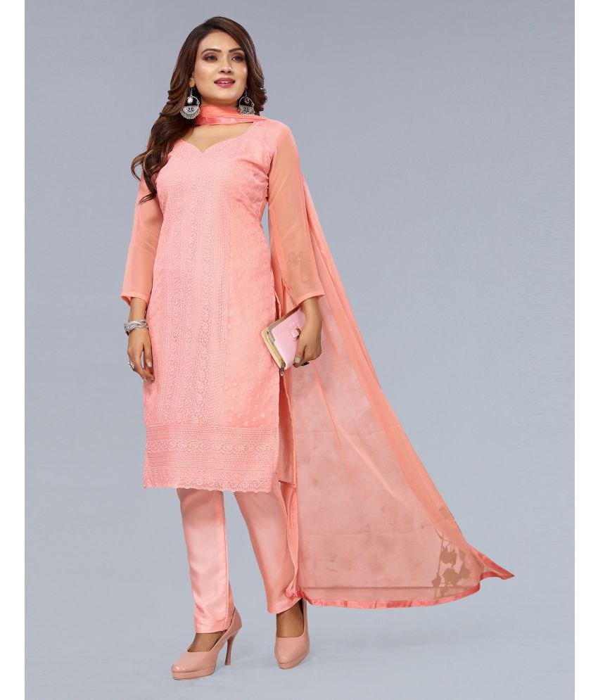     			Skylee Georgette Self Design Kurti With Pants Women's Stitched Salwar Suit - Peach ( Pack of 1 )