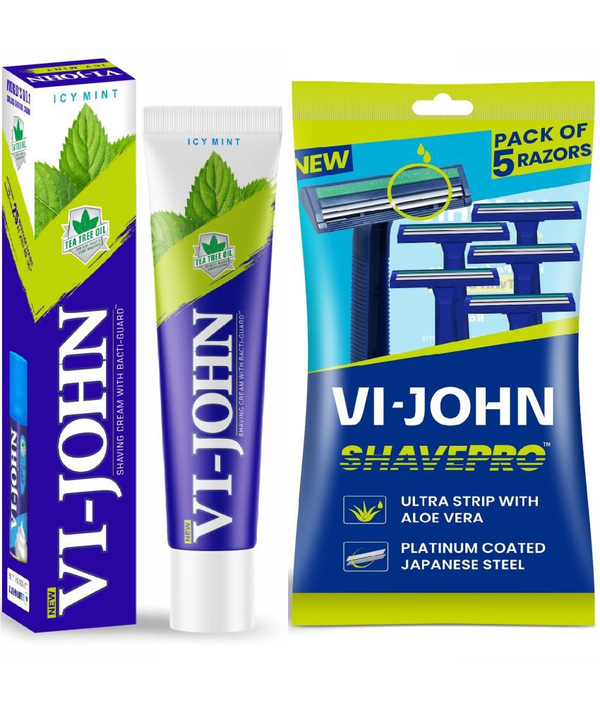     			VI-JOHNÂ Icy Mint Shaving Cream 125g & Shave Pro Twin Blade Disposable Razor 5 PCS Combo Pack
