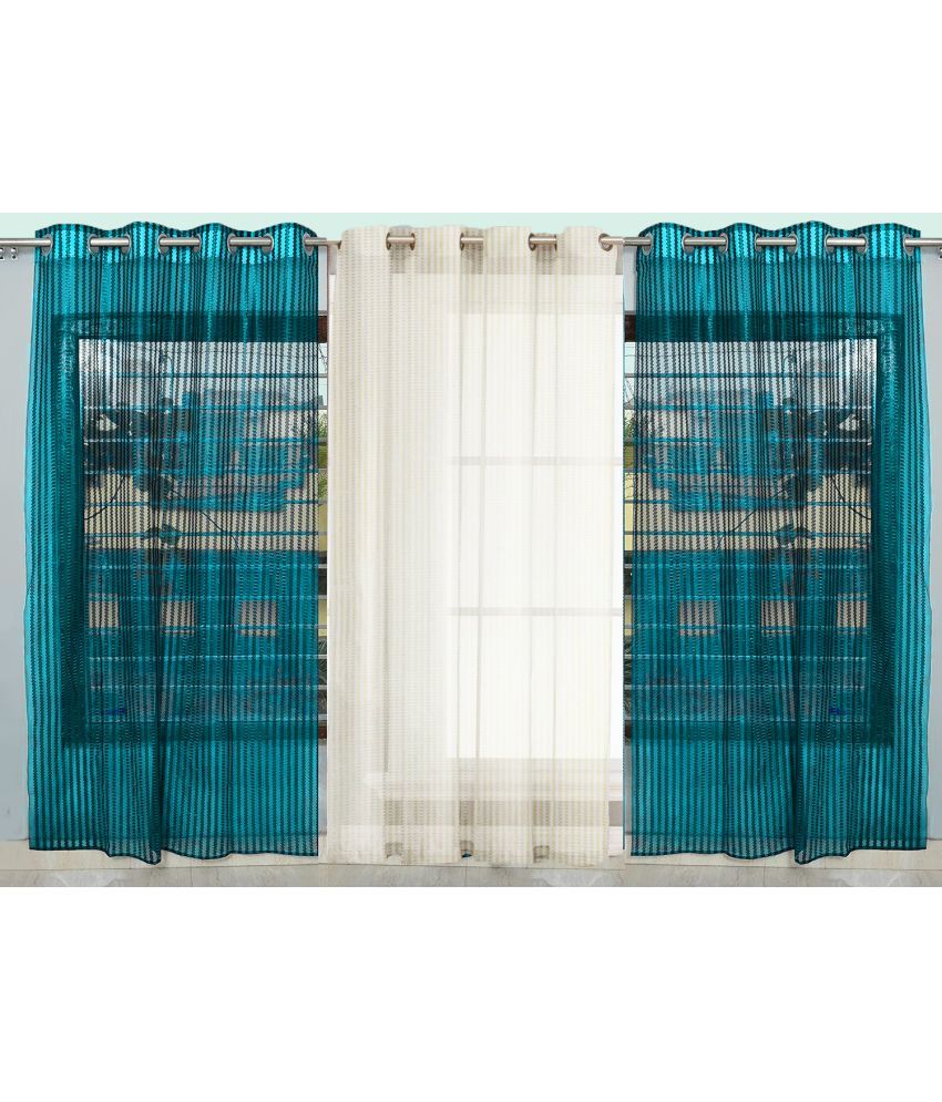     			BELLA TRUE Vertical Striped Sheer Eyelet Curtain 5 ft ( Pack of 3 )  Turquoise