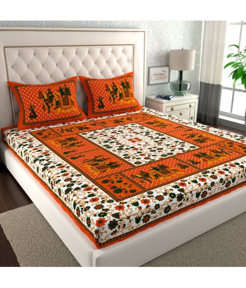     			CLOTHOLOGY Cotton Floral 1 Double Bedsheet with 2 Pillow Covers - Orange