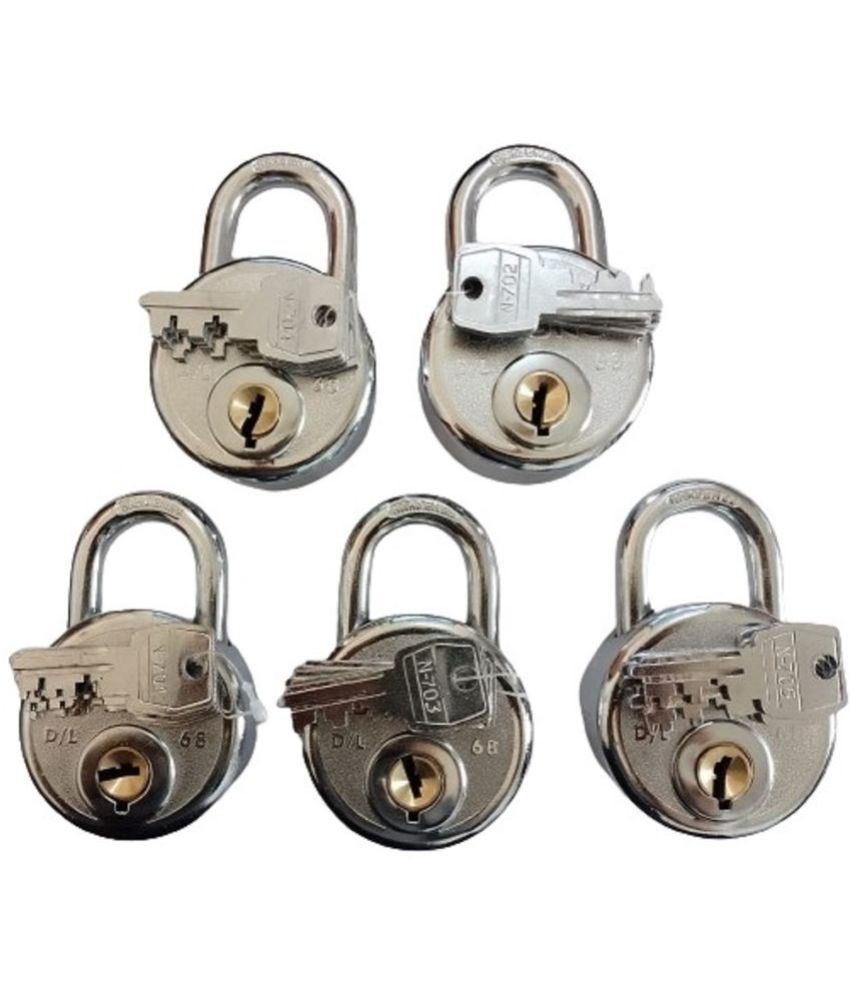     			Onmax Stainless Steel 68mm New Round Padlock With Long Shackle | Steel Body | Iron 9 Liver | Double Locking | 4 Silver Keys | 5 Padlock | Made In India (SRDL68)(Pack of 5 Pcs)