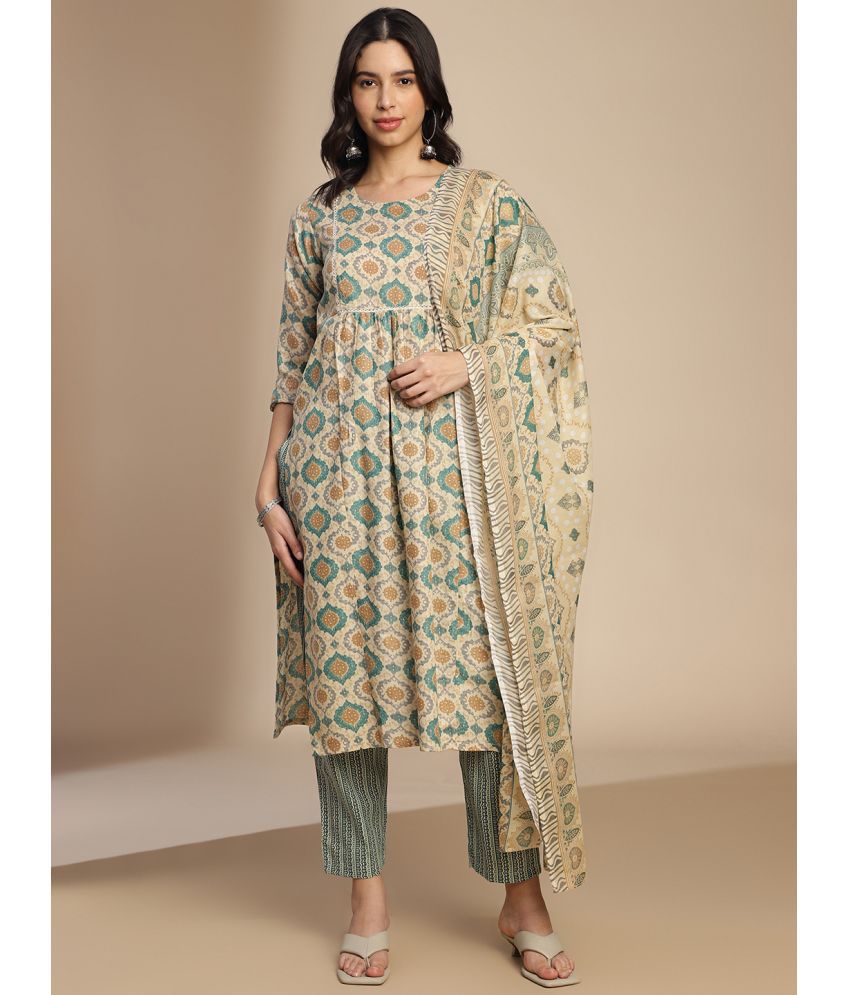     			Aarrah Cotton Blend Printed Ethnic Top With Salwar Women's Stitched Salwar Suit - Green ( Pack of 1 )
