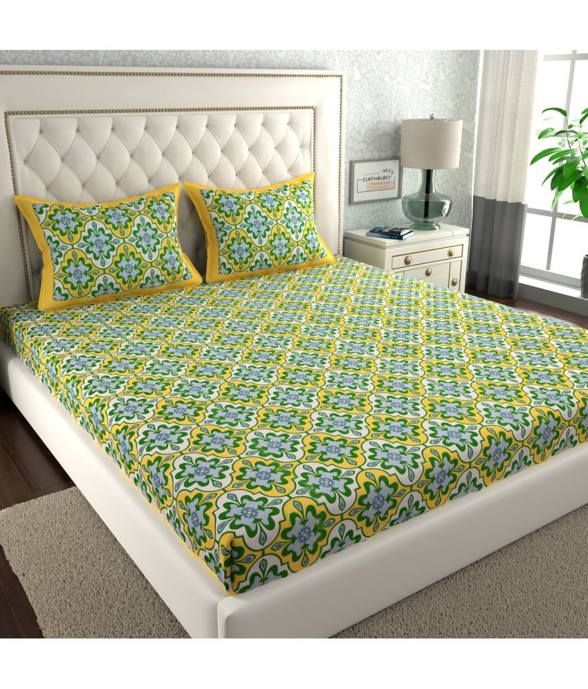     			CLOTHOLOGY Cotton Abstract 1 Double Bedsheet with 2 Pillow Covers - Light Green