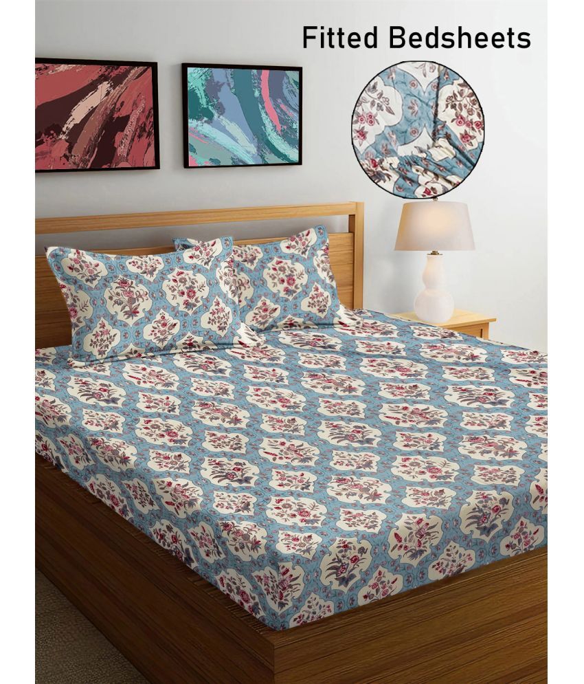     			FABINALIV Poly Cotton Floral Fitted Fitted bedsheet with 2 Pillow Covers ( Double Bed ) - Light Blue