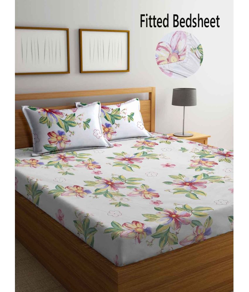     			FABINALIV Poly Cotton Floral Fitted Fitted bedsheet with 2 Pillow Covers ( King Size ) - White