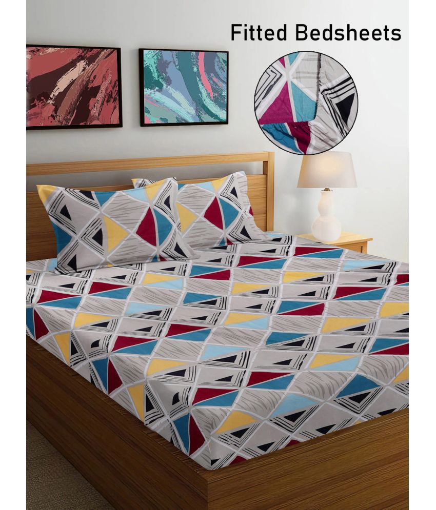     			FABINALIV Poly Cotton Geometric Fitted Fitted bedsheet with 2 Pillow Covers ( King Size ) - Multi