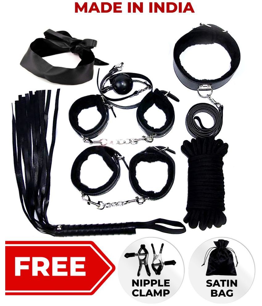     			Kamuk Life Black Leather BDSM Bondage sexy fun Adult vibrator Kit for Adult party fun, honeymoon couples, SM Domination, gifting includes Handcuffs nipple clamps flogger blindfold mouth gag ankle cuff neck collar and rope total-7 pcs