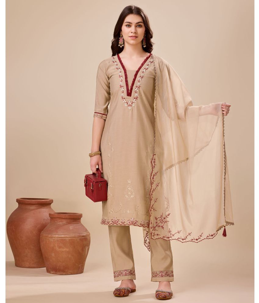     			MOJILAA Silk Embroidered Kurti With Pants Women's Stitched Salwar Suit - Beige ( Pack of 1 )