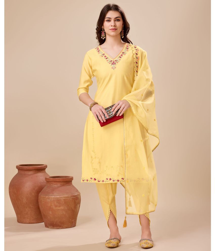     			MOJILAA Silk Embroidered Kurti With Dhoti Pants Women's Stitched Salwar Suit - Yellow ( Pack of 1 )