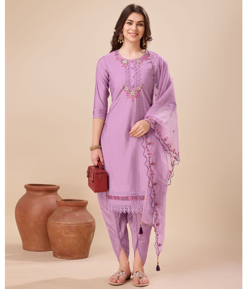     			MOJILAA Silk Embroidered Kurti With Dhoti Pants Women's Stitched Salwar Suit - Lavender ( Pack of 1 )