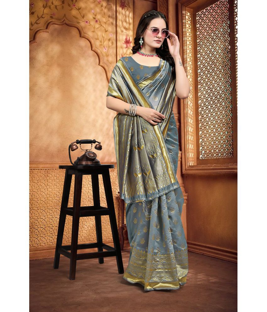     			Om Shantam Sarees Kanjivaram Silk Self Design Saree With Blouse Piece - Grey ( Pack of 1 )
