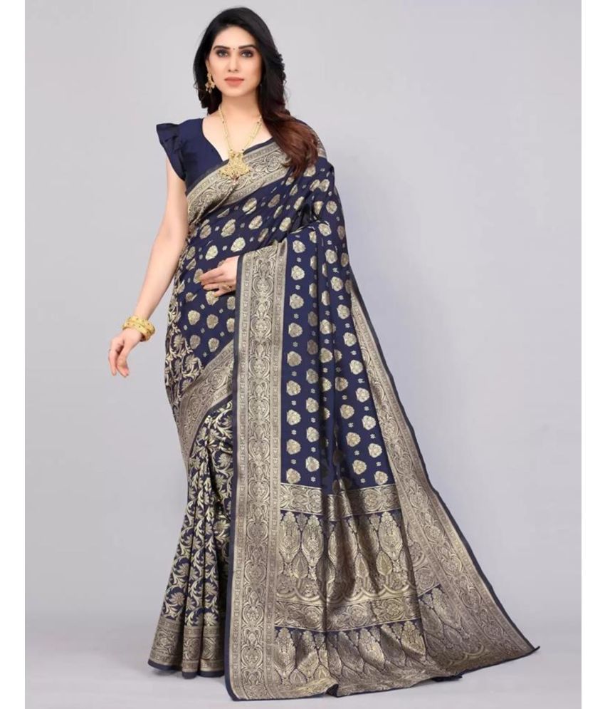     			Samah Art Silk Woven Saree With Blouse Piece - Navy Blue ( Pack of 1 )