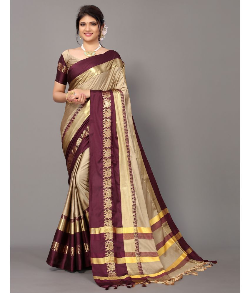     			Samah Cotton Silk Colorblock Saree With Blouse Piece - Brown ( Pack of 1 )