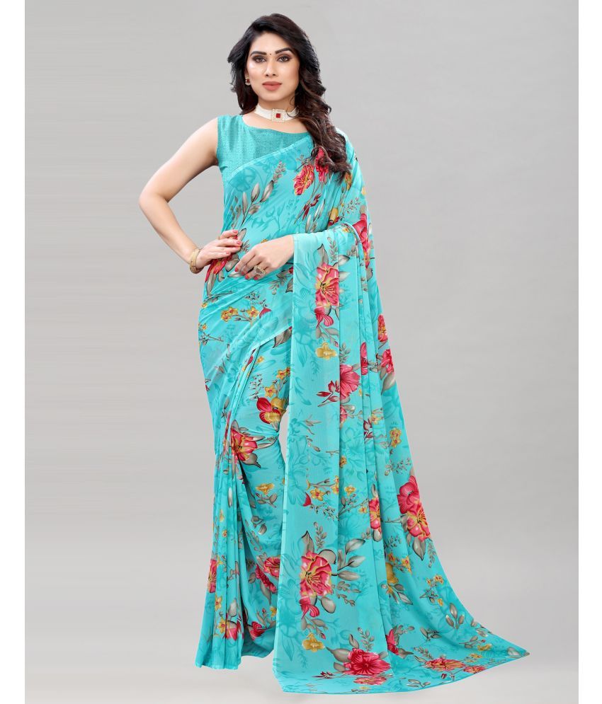     			Samah Georgette Printed Saree With Blouse Piece - SkyBlue ( Pack of 1 )