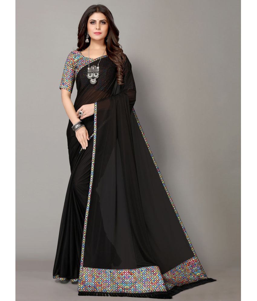     			Samah Lycra Printed Saree With Blouse Piece - Black ( Pack of 1 )