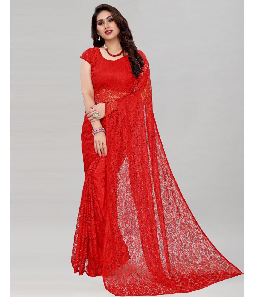     			Samah Net Self Design Saree With Blouse Piece - Red ( Pack of 1 )