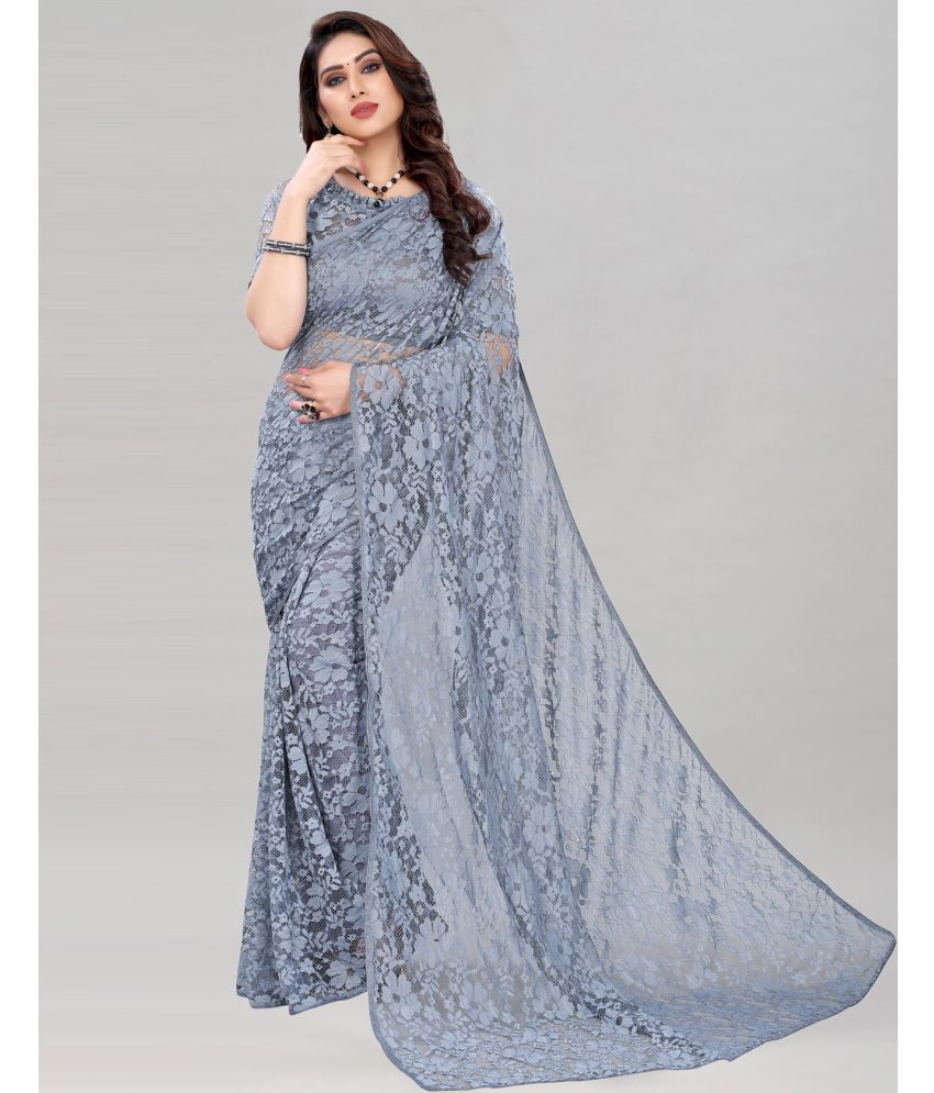     			Samah Net Self Design Saree With Blouse Piece - Grey ( Pack of 1 )