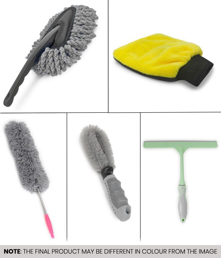     			HOMETALES - Car Cleaning Combo Of Car Rim Cleaning Brush , Microfiber Dual sided Plain Gloves , Mini Duster ,Wiper And Feather Duster for car accessories( Pack Of 5 )