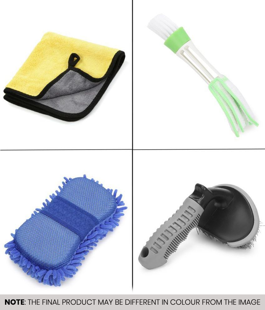     			HOMETALES - Car Cleaning Combo Of Microfiber Sponge ,Tyre Cleaning Brush ,Ac Vent Brush And Microfiber Towel 40*40CM 600GSM for car accessories( Pack Of 4 )
