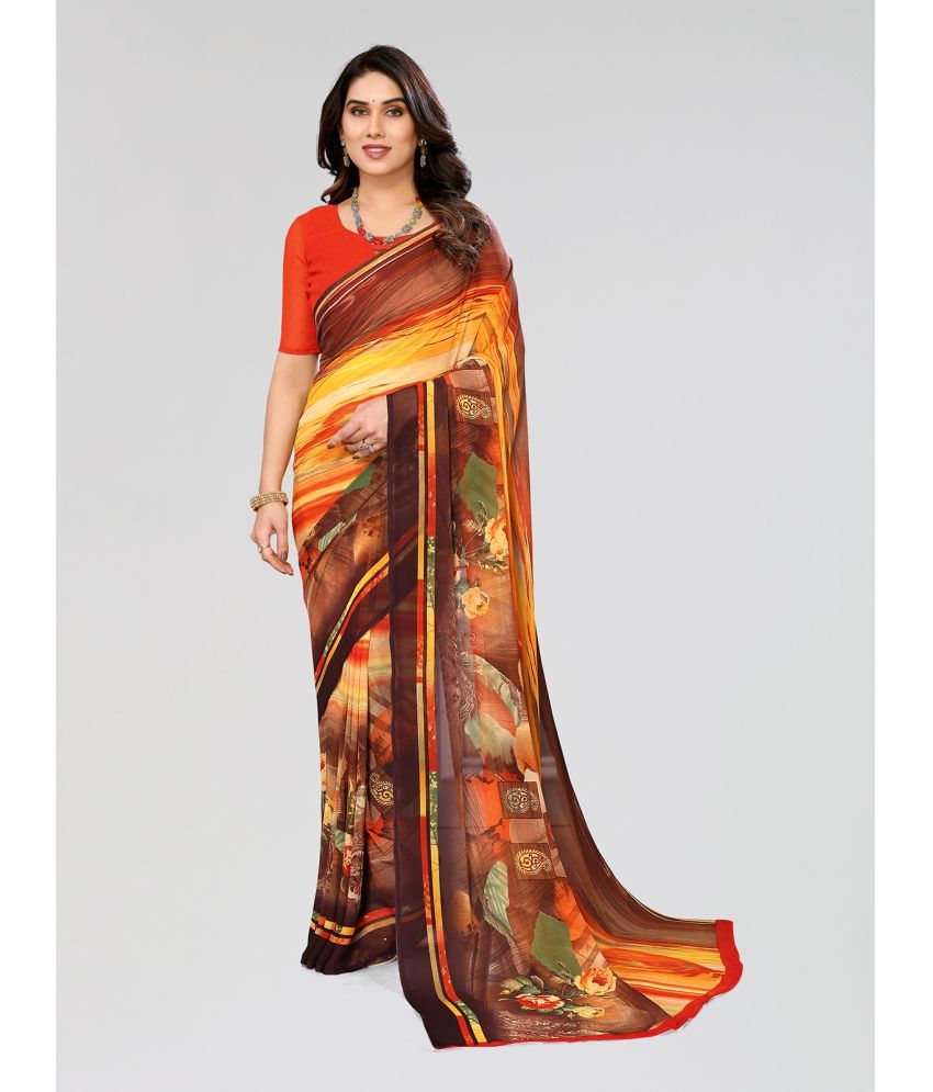     			Kashvi Sarees Georgette Printed Saree With Blouse Piece - Brown ( Pack of 1 )