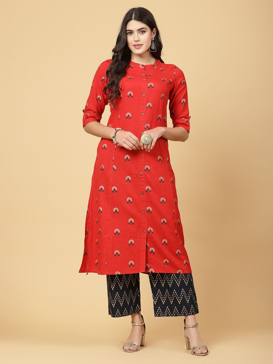     			Pistaa Cotton Printed Kurti With Palazzo Women's Stitched Salwar Suit - Red ( Pack of 1 )