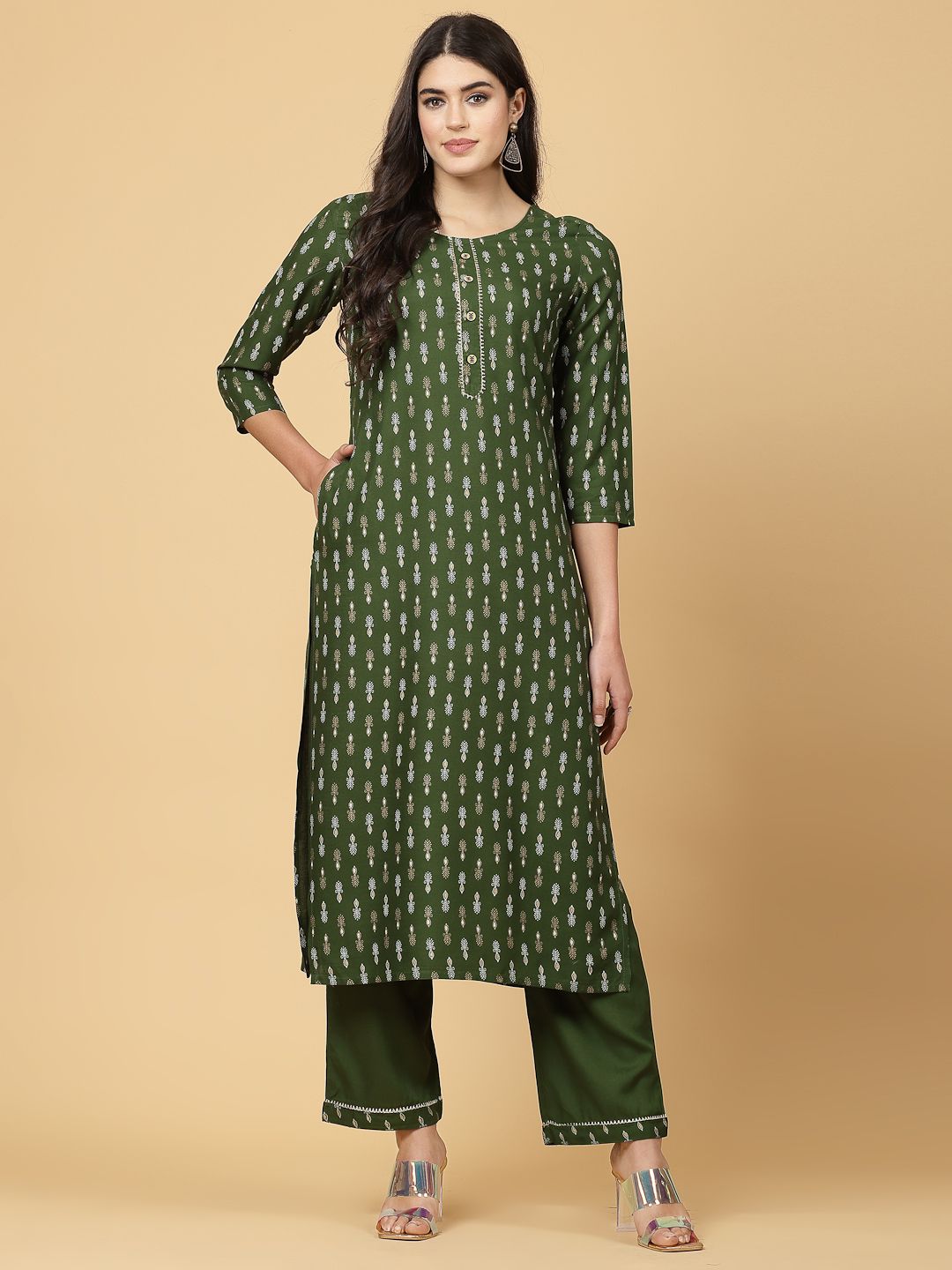     			Pistaa Viscose Printed Kurti With Palazzo Women's Stitched Salwar Suit - Green ( Pack of 1 )