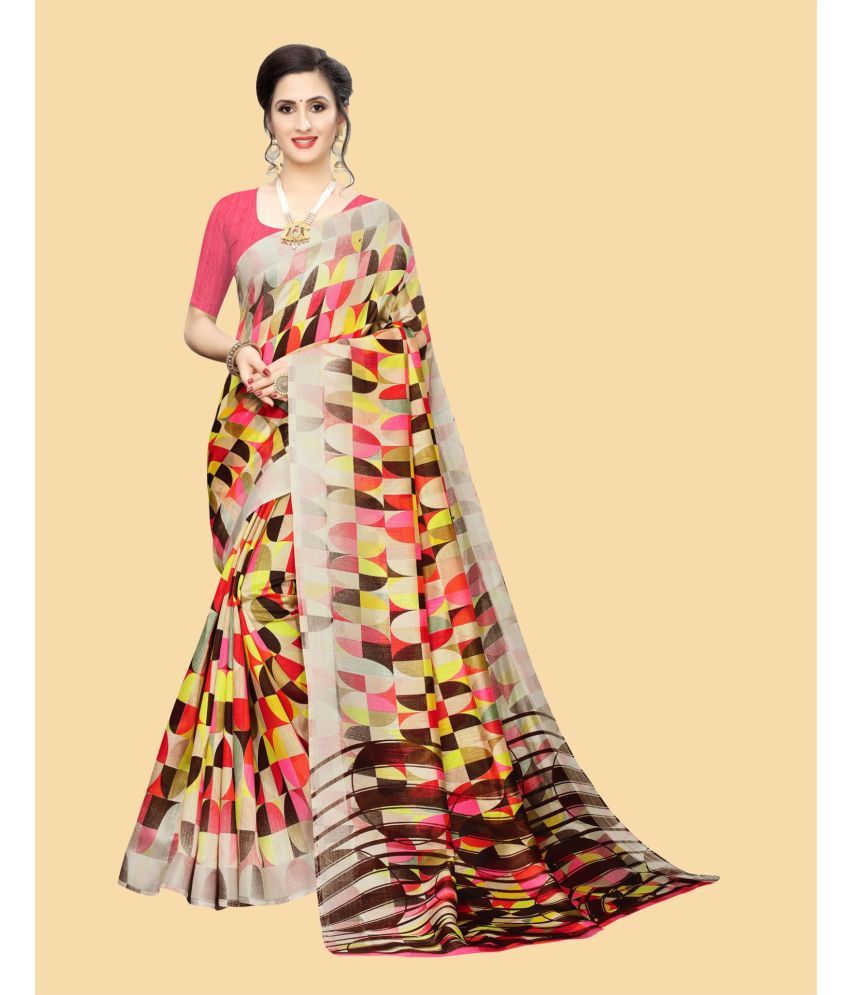     			Samah Chanderi Printed Saree With Blouse Piece - Beige ( Pack of 1 )