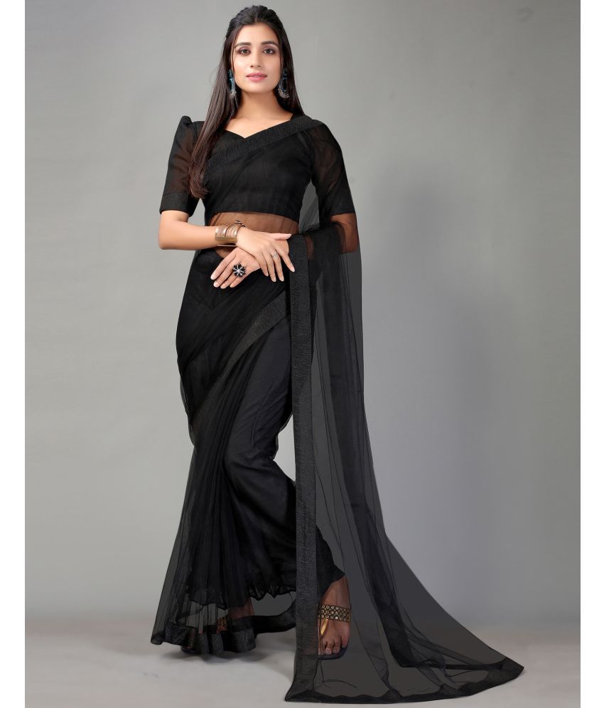     			Samah Net Self Design Saree With Blouse Piece - Black ( Pack of 1 )